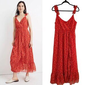 Madewell Ruffle-Strap Wrap Dress Red Midi Floral Print Summer Women's 6